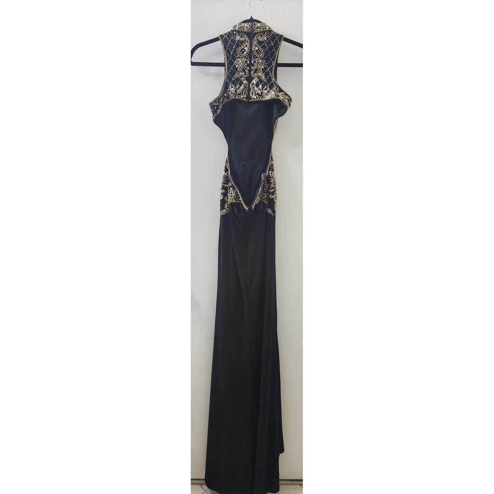 Camille La Vie Black Gold Beaded Open Back Formal Gown Prom Dress Size 0